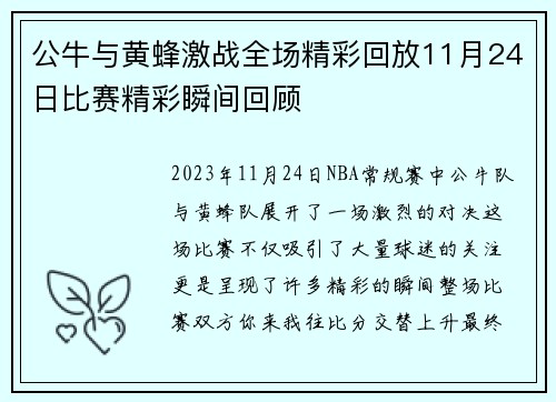 公牛与黄蜂激战全场精彩回放11月24日比赛精彩瞬间回顾